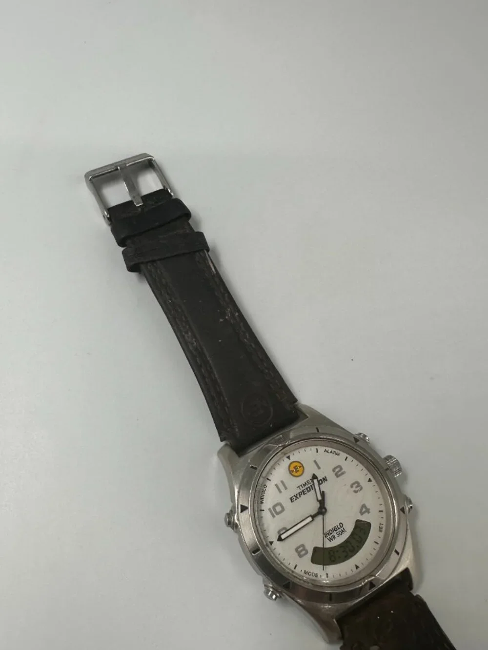 Timex Expedition Mens Watch 38mm Silver Tone Indiglo Brown Leather New Battery